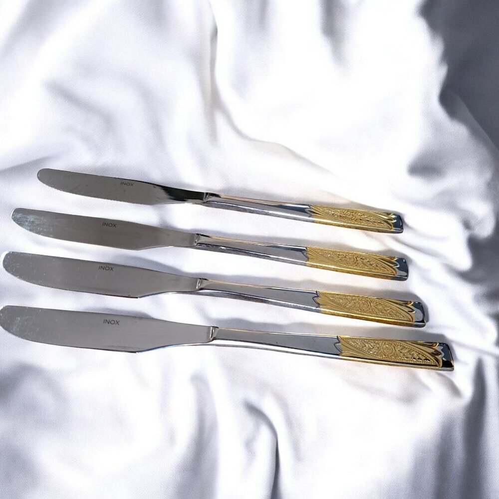 Inoxpran Knives 9 Inch Stainless 18/10 Gold Tone Accents Set Of 4